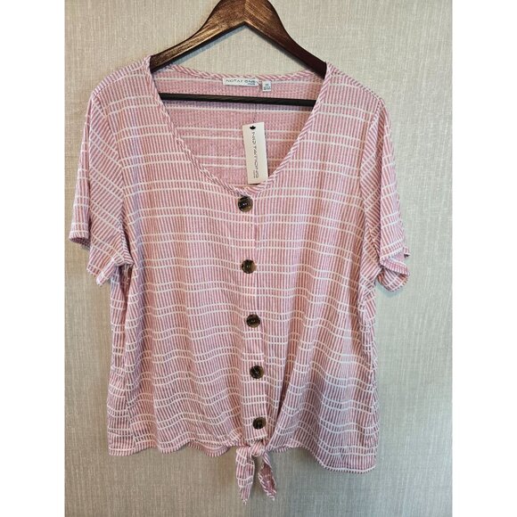 Notations Woman Pink Stripe Button-Front Tie-Hem Knit Top Size 2X - Picture 1 of 11